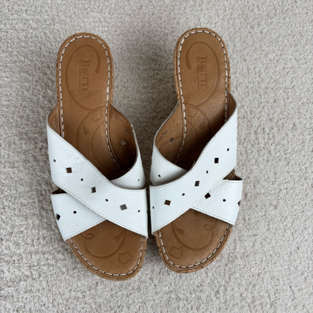 Born Sandals Womens 10 White Cork Canova Wedge Slip On Peep Toe Leather Comfort